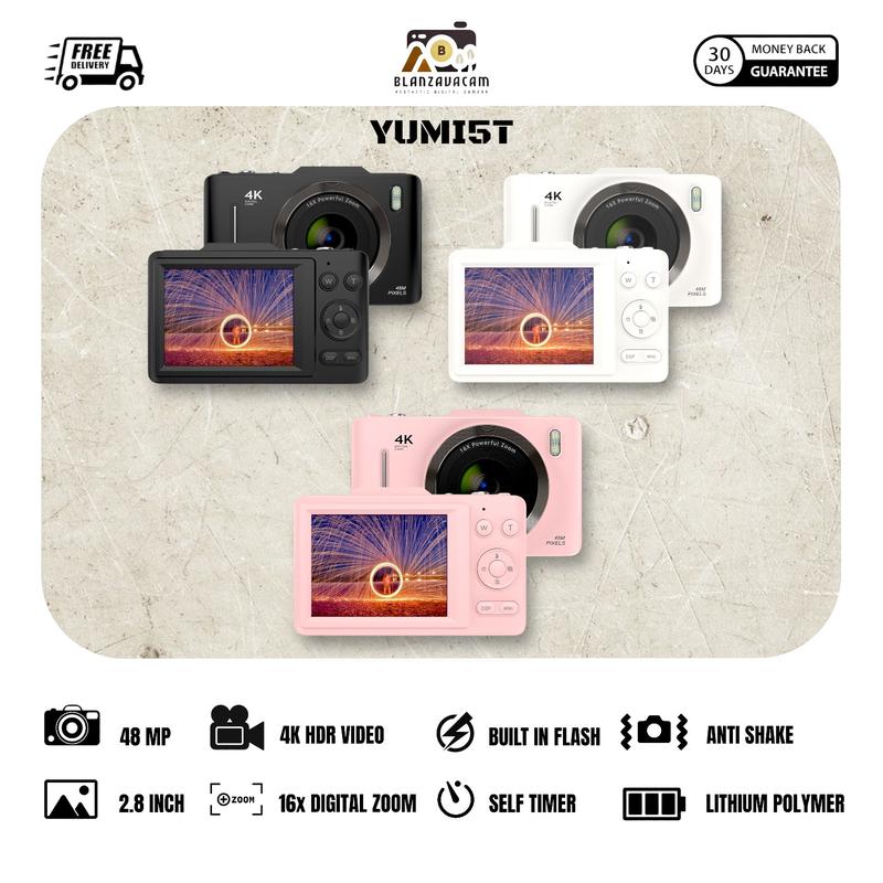 Kamera Digital BLANZAVA CAM YUMI5T 4K Digital Camera Original 48MP 16X Digital Zoom Anti Shake Auto Focus Vintage Portable Camera Aesthetic Pocket Digicam Estetik untuk Photography Free Memory Card 32GB up to 128GB Hitam Putih Ready Stock 4
