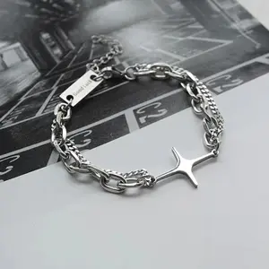 Gelang Tangan Bangle Aesthetic Rantai Double Layer Silver Desain Starburst Plus Bintang Gaya Punk Hip Hop