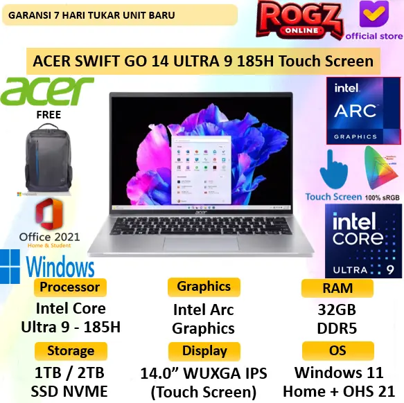 Acer Swift Go Touch Screen SFG14 Ultra 9 185H 32 1TB SSD W 11 + OHS