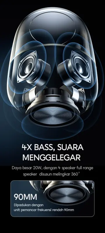 SPEAKER VIVAN VS90 FULLY TRANSPARENT RGB LIGHT EFFECT 360 OMNIDIRECTIONAL 20W SOUND EXTRABASS BLUETOOTH SD USB JACK 3.5MM AUX TWS MODE BLACK 2