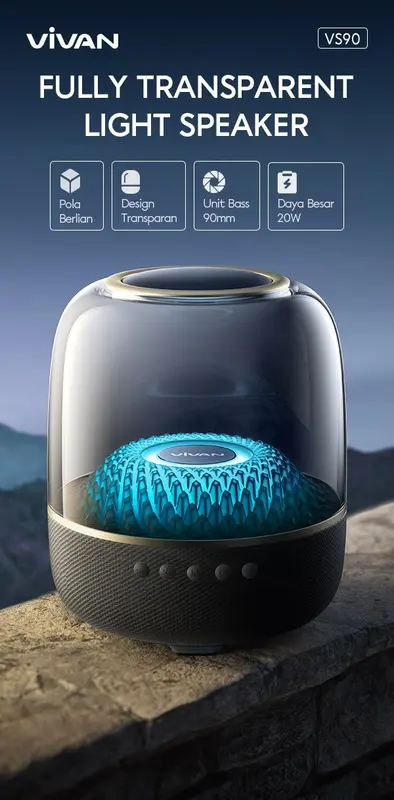 SPEAKER VIVAN VS90 FULLY TRANSPARENT RGB LIGHT EFFECT 360 OMNIDIRECTIONAL 20W SOUND EXTRABASS BLUETOOTH SD USB JACK 3.5MM AUX TWS MODE BLACK 1