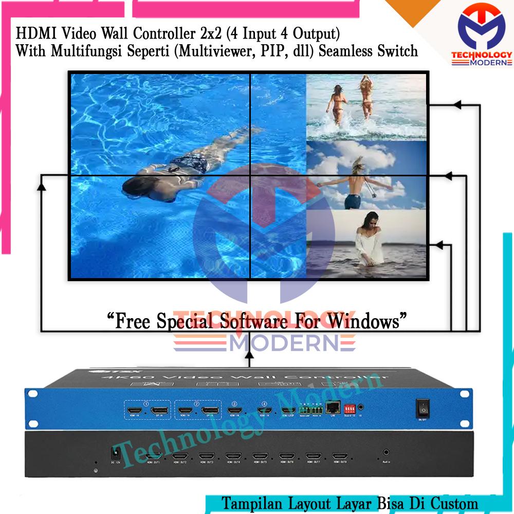 4K HDMI Video Wall Controller 2x2 with HDMI Matrix Switch 4x4 (4 In 4 Out) Seamless Switching Support Custom Layout