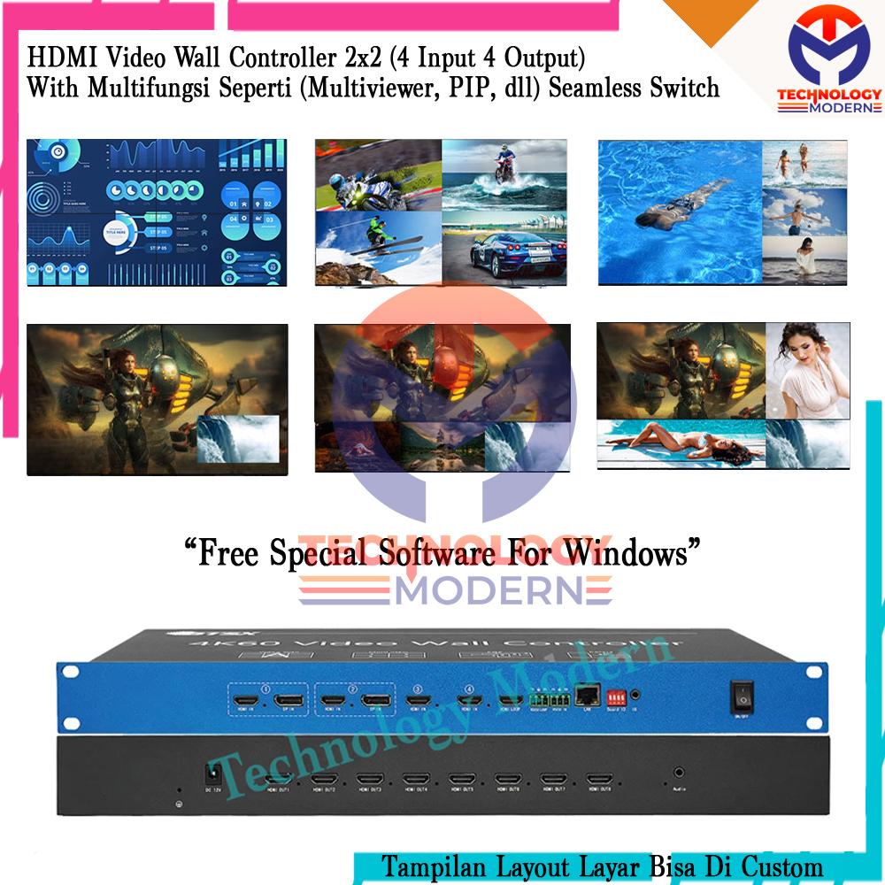 HDMI Video Wall Controller Processor 2x2 + HDMI Matrix Switcher 4x4 (4 Input 4 Output) Seamless Switching Support Custom Layout 4K@60Hz