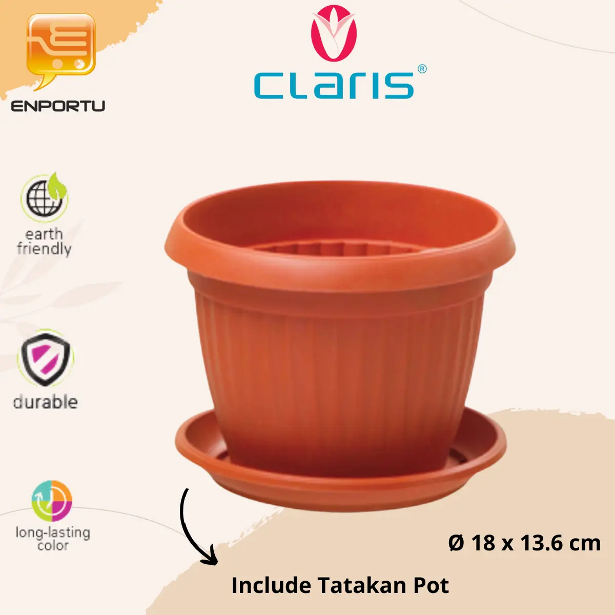 Claris Pot Tanaman Bunga Plus Tatakan 1 pcs Diameter 18 cm Pot Tatakan Terracotta - 5818 Plastik