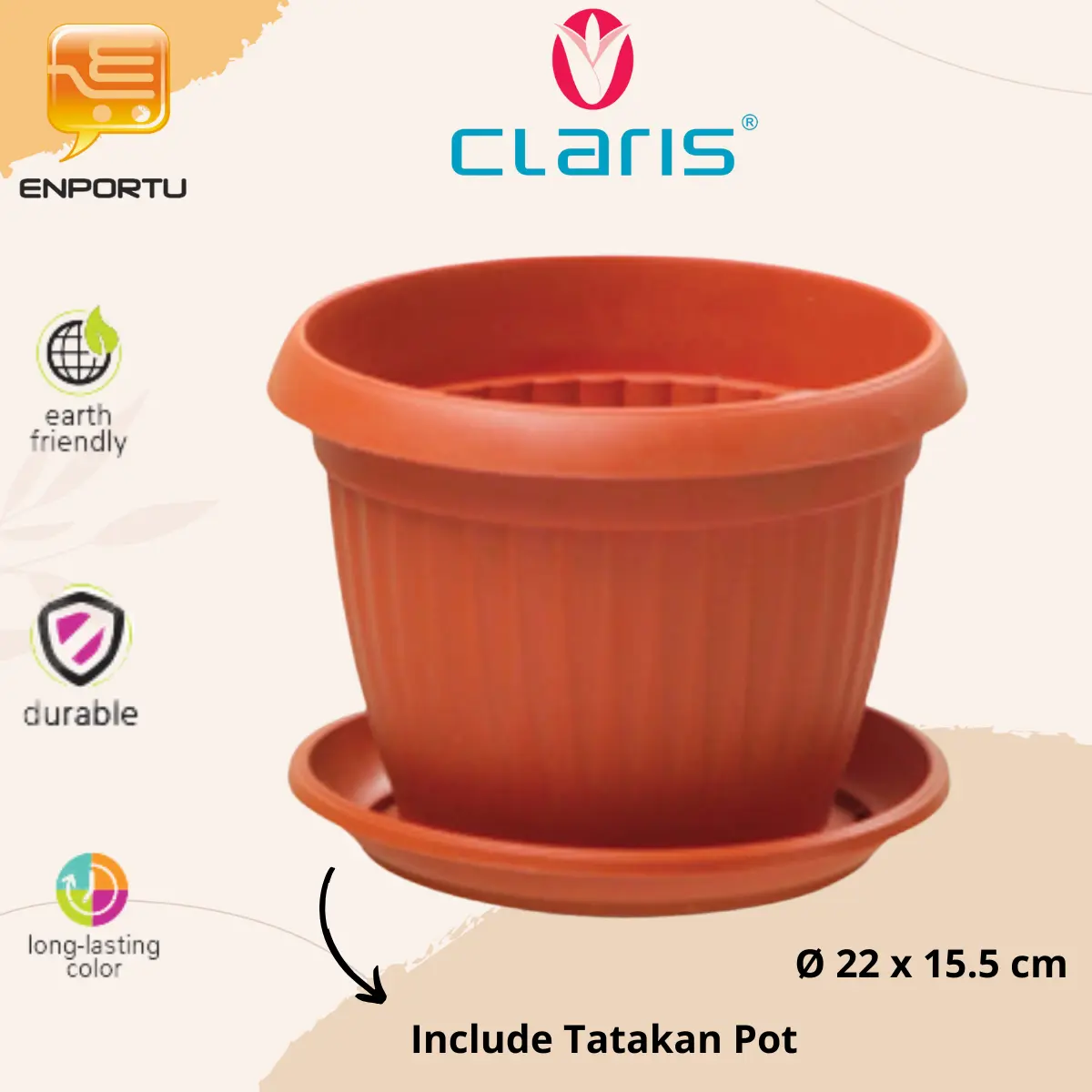 Claris Pot Tanaman Bunga Plus Tatakan 1 pcs Diameter 22 cm Pot Tatakan Terracotta - 5822
