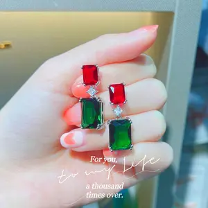 Anting Natal Red Green Ruby Emerald Elegant S925 Stud Christmas