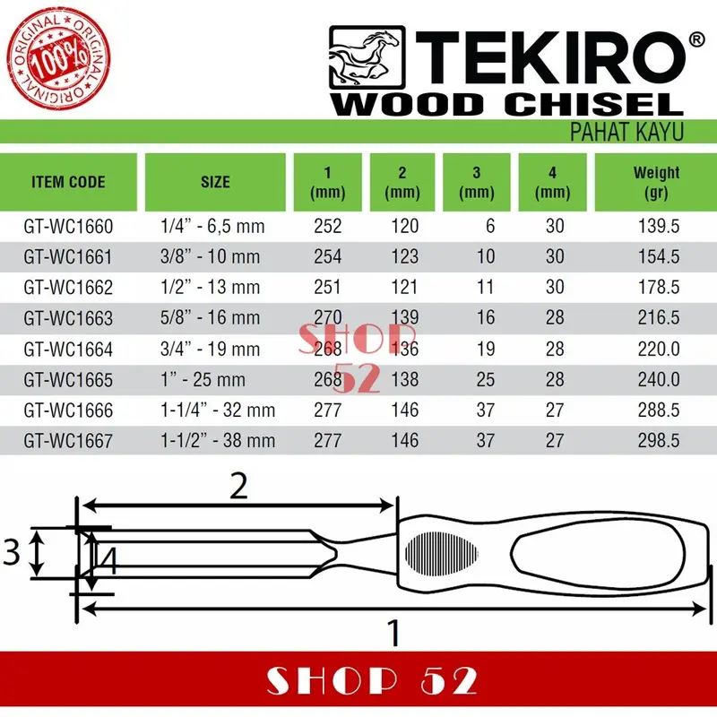 TEKIRO Pahat Kayu Satuan Wood Chisel 1/4" 3/8" 1/2" 5/8" 3/4" 1" 1-1/4" 1-1/2" in inch Original 5