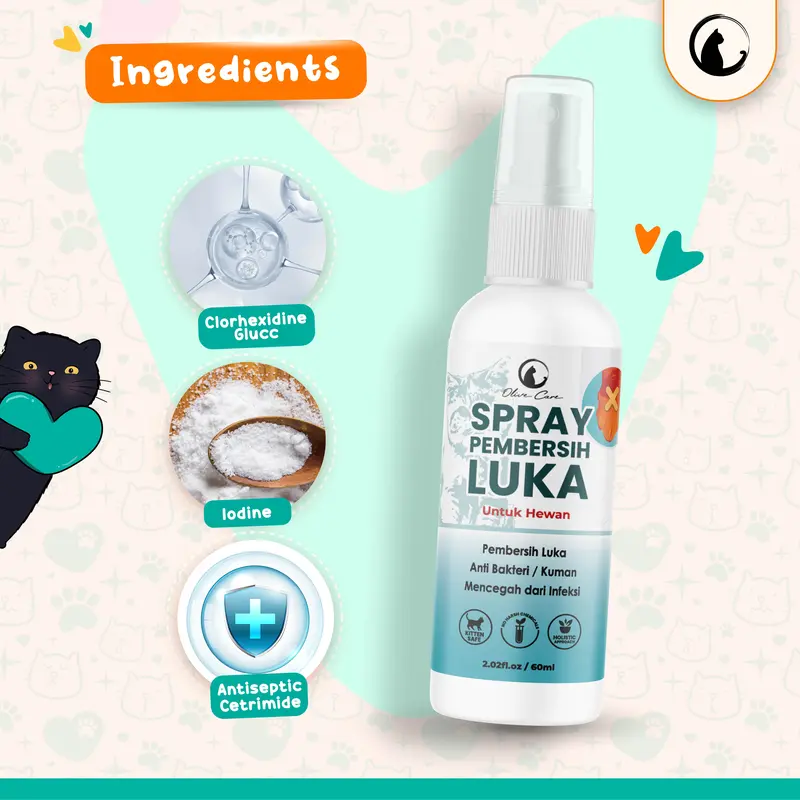 Olive Care Spray Kucing PEMBERSIH LUKA untuk Kulit Luka Basah & Kering, Luka Berdarah, Koreng dan Cegah Infeksi 2