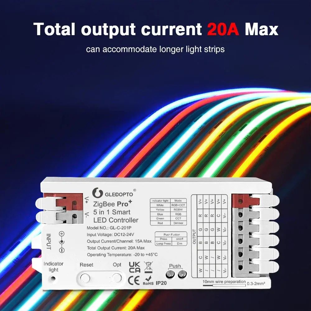 GLEDOPTO GL-C-201P Max 20A 5 IN 1 Smart LED Strip Controller ZigBee 3.0 Pro+DC 12-24V Single color / CCT / RGB / RGBW /RGBCCT Tuya Smart Life APP