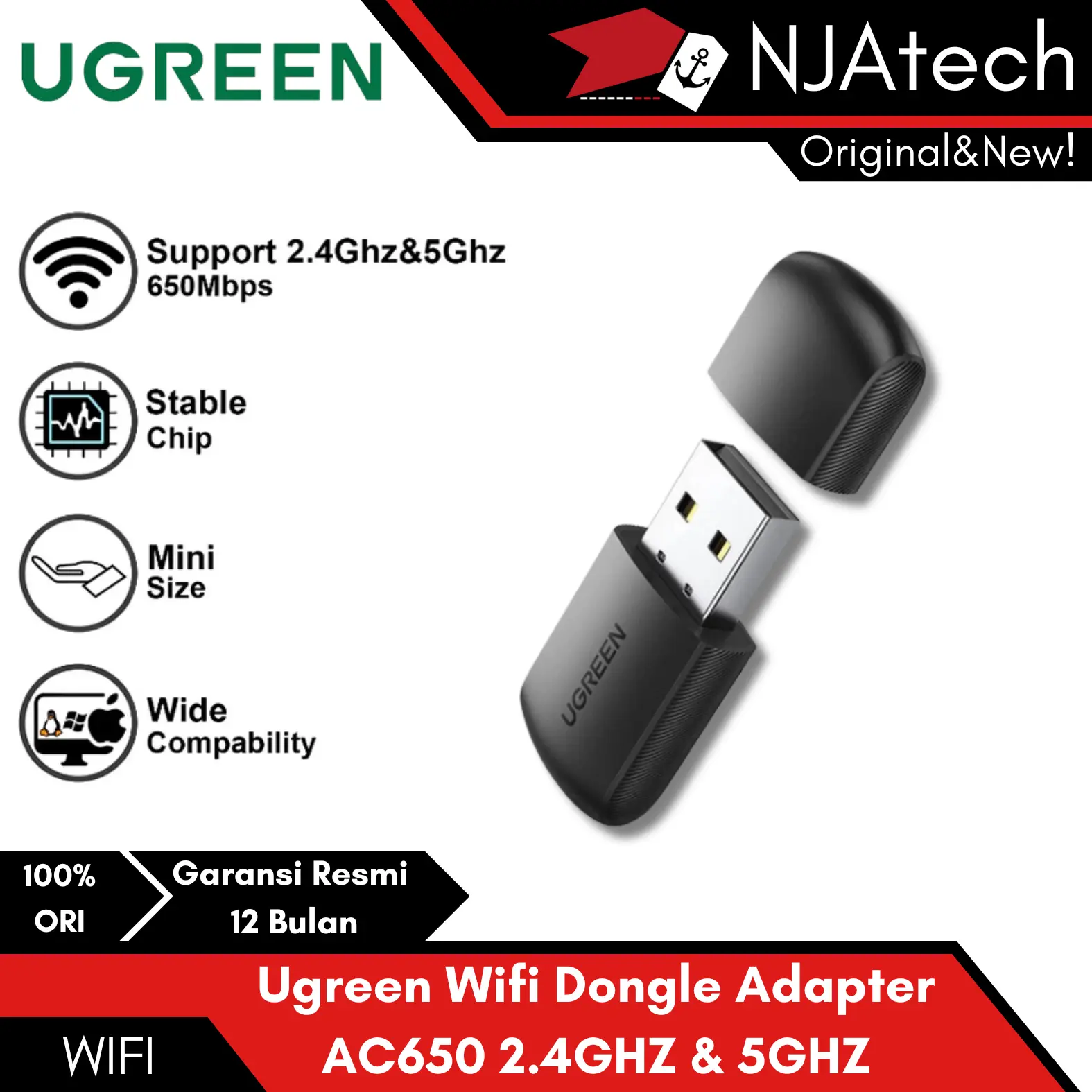 Ugreen USB Wifi Wireless Adapter Dongle 650Mbps 20204