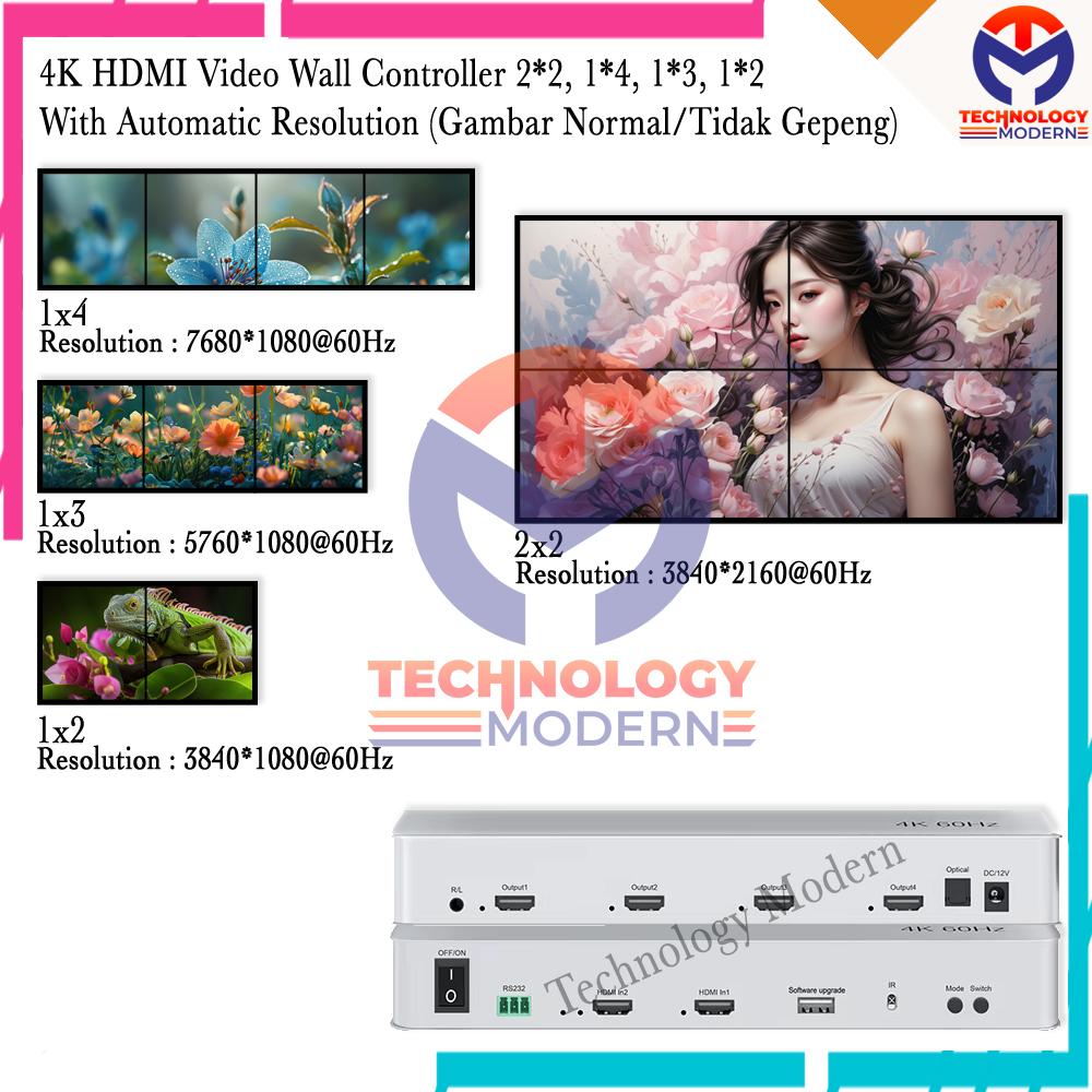 8K HDMI Video Wall Controller 1x4 (7680*1080) , 1x3 (5760*1080), 1x2 (3840*1080) Horizontal Mode With Automatic Resolution (Gambar Normal/Tidak Gepeng)