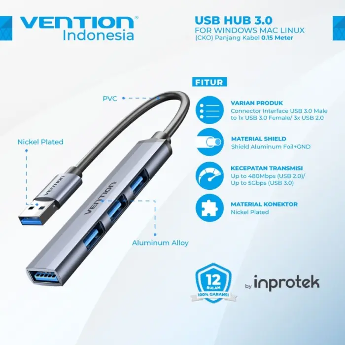Vention HUB USB 3.0 + 2.0 4Port High Speed USB Power Input 15Cm - CKO