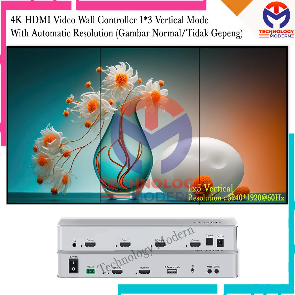 4K HDMI Videowall Controller 1x3 Vertical Mode with Custom Resolution Automatic (Gambar Normal/Tidak Gepeng) 3240*1920@60Hz