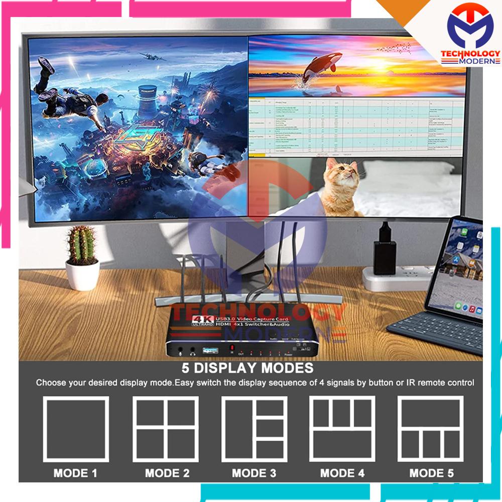 HDMI Video Switcher 4 Input 1 Output (Tampil Bersamaan) + Video Capture For Live Streaming OBS vMix Seamless