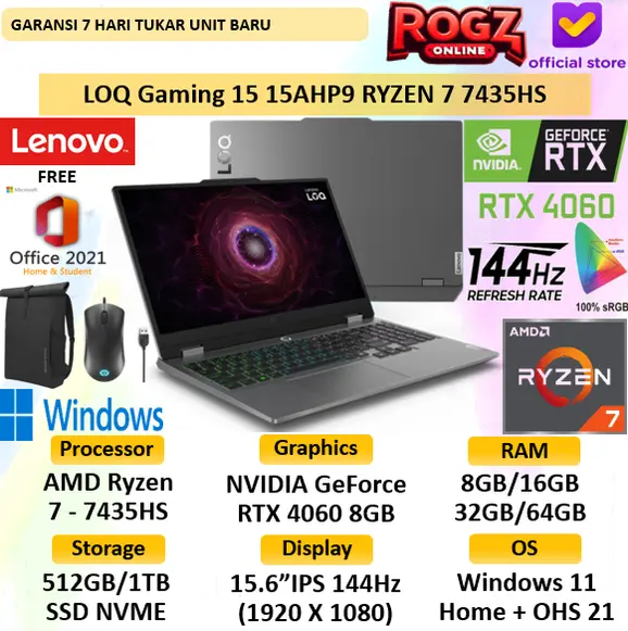 Lenovo LOQ Gaming RTX 4060 AMD Ryzen 7 7435HS 32GB 1TB SSD W 11 + OHS 144Hz