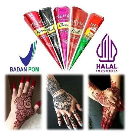 NEHA Henna Paste - Art Temporary Hand Painting 25 g, Warna Kuat Tahan Lama, Halal, Badan POM, Maroon, Black, Red