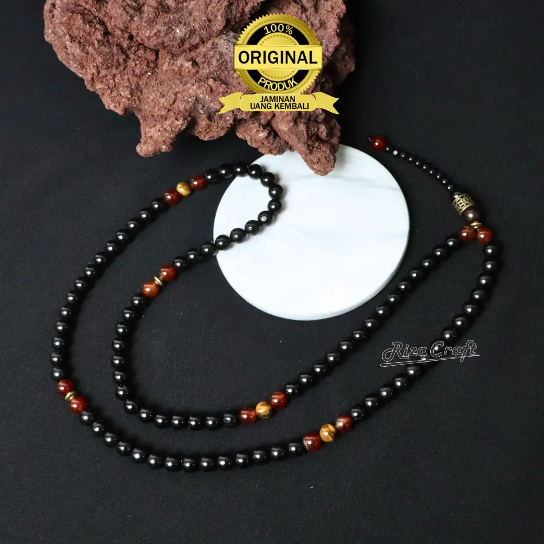 Kalung Tasbih Kesehatan Pria Wanita Kayu Kokka Kaukah Hitam ASLI Original Mix Batu Garnet Merah Tiger Eye 99 Butir Kualitas Terbaik