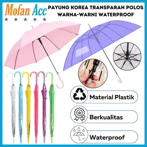 Payung Transparan Korea Style Polos Warna-Warni / Umbrella Fashionable Payung Tongkat Lipat Bening Simple Elegan Unik Lucu Multifungsi