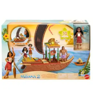 Mainan Perahu Anak Disney Boneka Moana's Adventure Canoe Playset Dapat 2 Perahu + Ayam + Slider