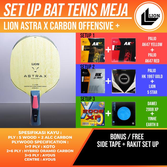 Jual Paket Bat Pingpong Rakitan Lion Astra X Carbon Offensive+ Palio ...