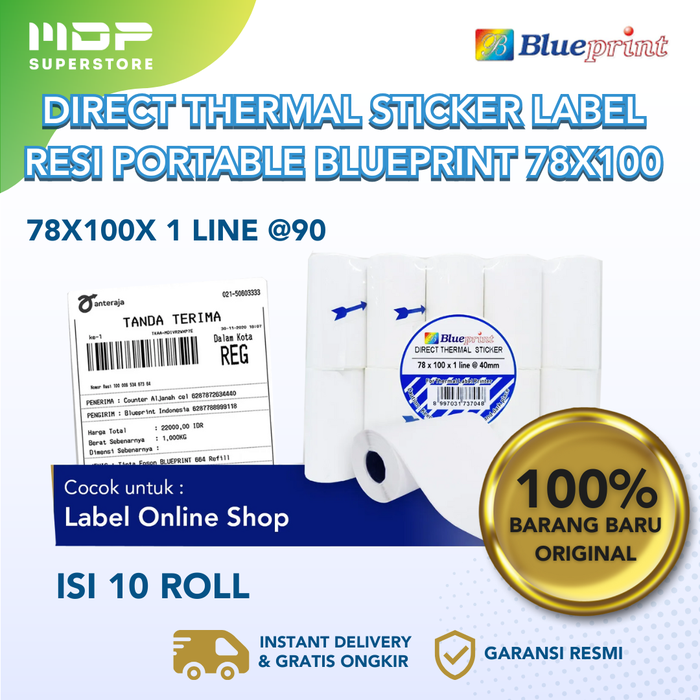 Gambar DIRECT THERMAL STICKER LABEL RESI PORTABLE BLUEPRINT 78x100 ISI 90 PCS dari mdpsuperstore Kota Palembang Tokopedia