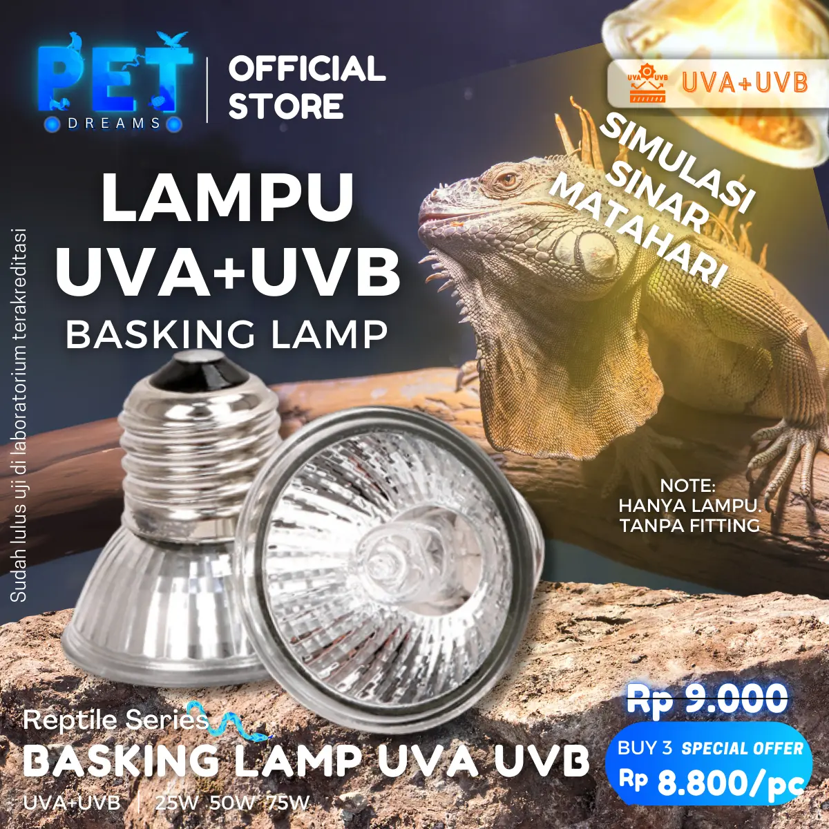 Lampu UVA UVB 25 50 75 Watt Reptil Penghangat Pemanas Reptile Kura Kura Air Sulcata Brazil