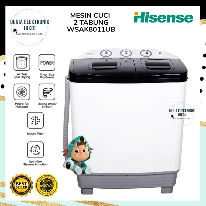 Gambar mesin cuci hisense wsak8011ub mesin cuci 2 tabung 8 kg mesin cuci twin tub HISENSE WSAK8011UB dari Dunia Elektronik Mall Kota Bekasi Tokopedia
