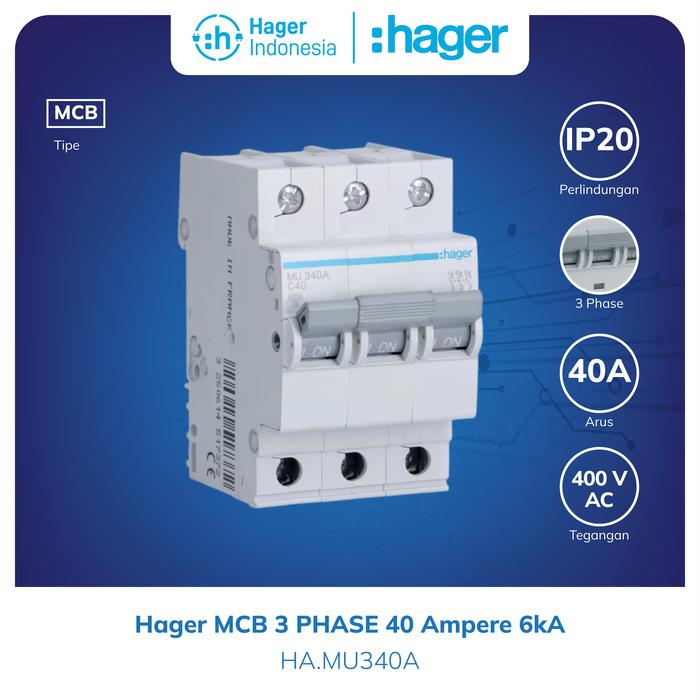 Gambar Hager MCB 3P 40 Ampere 3 Phase 40A 6kA 3 Pole MU340A dari Hager Indonesia Kota Administrasi Jakarta Barat Tokopedia