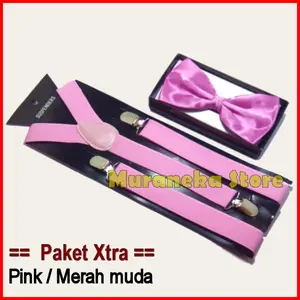 Paket Dasi Kupu Bretel Suspender PINK Baju Dewasa Polos Setelan Bowtie Wedding Merah Muda