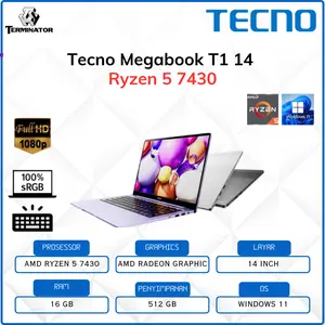 Tecno Megabook T1 14 RYZEN 5 7430 Ram 16GB / 512GB W11 14.0WUXGA 100SRGB 75WH 1.39KG Garansi Resmi 2Y