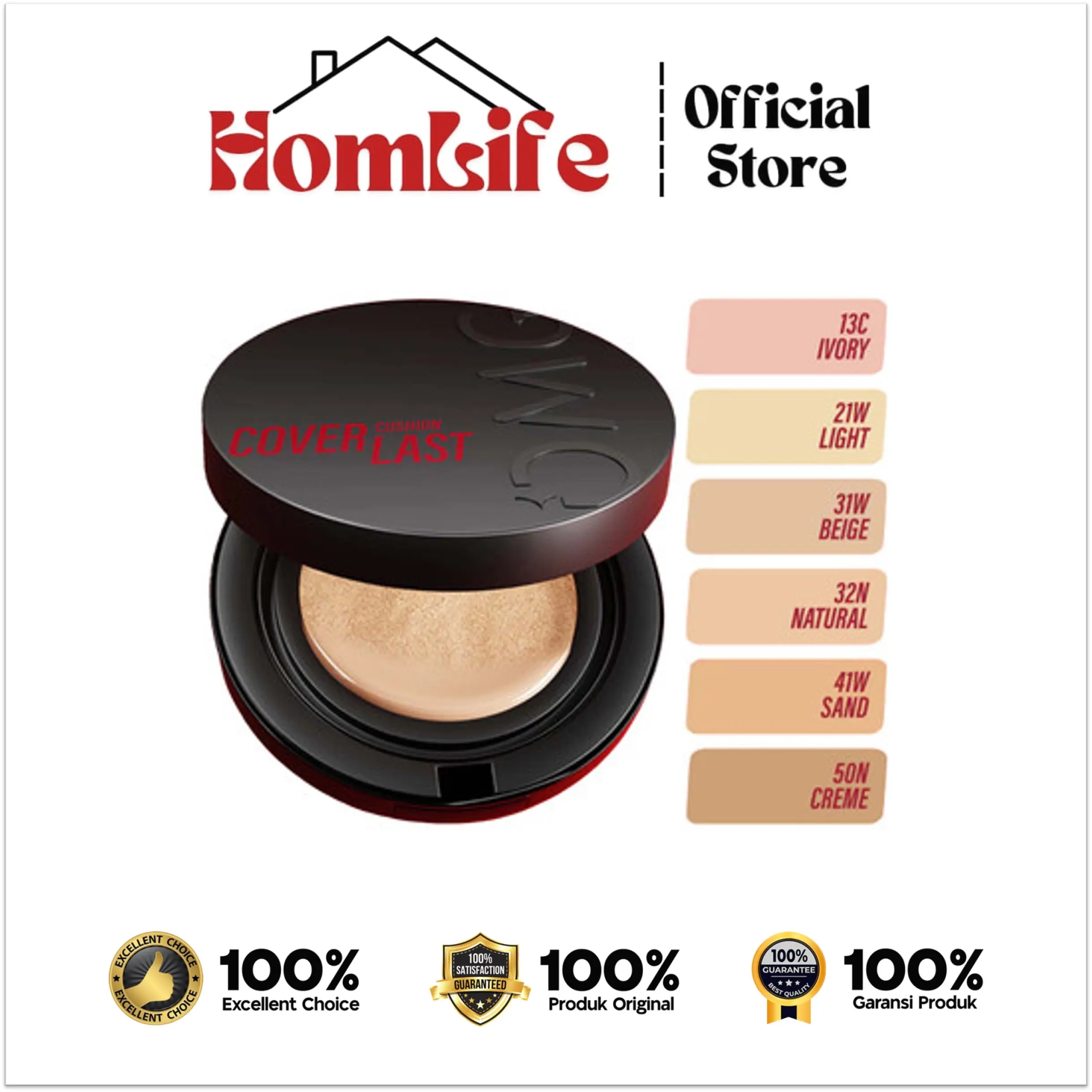 OMG Oh My Glam Coverlast Cushion 15g - Cushion Foundation Concealer Skin Tint Make Up - High Coverage Dewy Finish - Poreless Cushion - Glow Cushion - Tahan Lama Hingga 12 Jam Tanpa Oksidasi - Menyamarkan Kemerahan, Bekas Jerawat, dan Noda Hitam