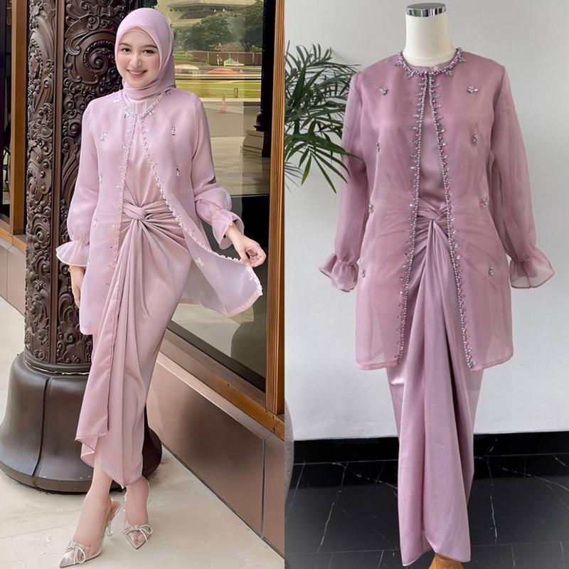 One Set Jemma Wanita Kekinian Outer Organza Premium Setelan Kondangan - Hitam, jumbo 1