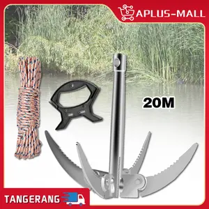 4 Cakar Sabit Jangkar Kapal Lipat Besi Galvanis Jangkar Mini Lipat Besi Galvanis Untuk Pemotong Tanaman Air Rumput Air / Untuk Kapal Kecil Kano Aksesoris Pancing Dengan Tali 20m Dan Handle