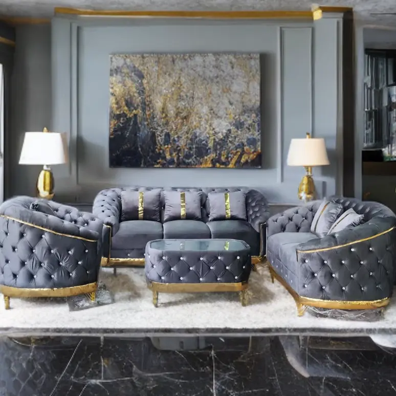 Sofa Tamu 321 Plus Meja Sofa Turki Bahan Bludru/trinityjayafurniture - Kayu Bungkus Kain Bludru Lembut Berkualitas - Bantal, Busa , Minimalis 0
