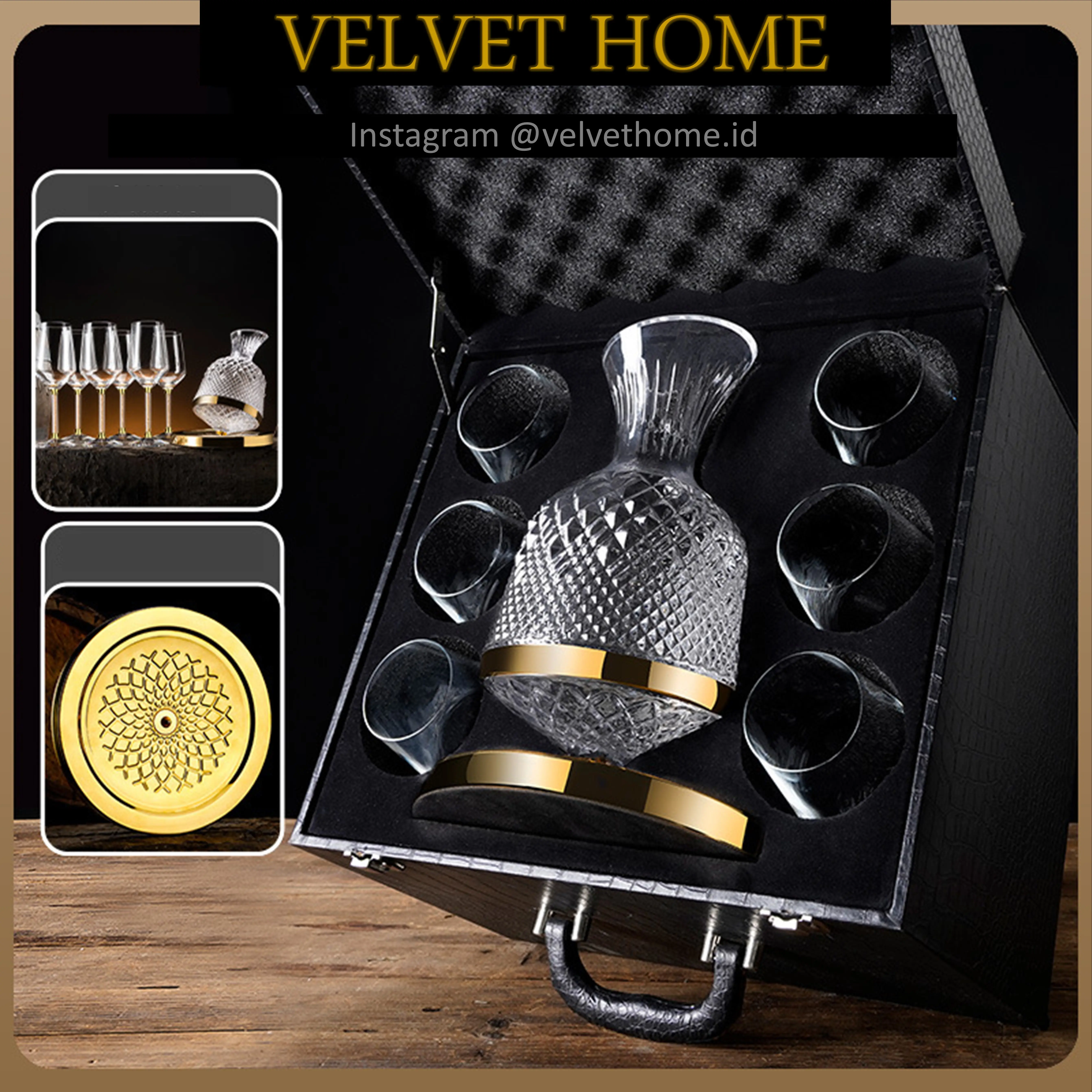 Hampers Wine Decanter + gelas wine swarovski 2 and 6 glass cup high glass kaca premium hadiah gift set natal imlek tahun baru ulang tahun christmas chinese new year liquor whiskey botol peratalan minum decanter putar rolling gold list premium high quality