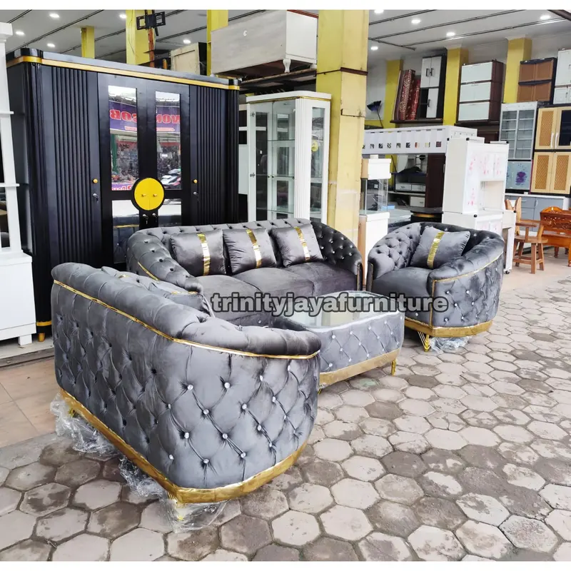 Sofa Tamu 321 Plus Meja Sofa Turki Bahan Bludru/trinityjayafurniture - Kayu Bungkus Kain Bludru Lembut Berkualitas - Bantal, Busa , Minimalis 3
