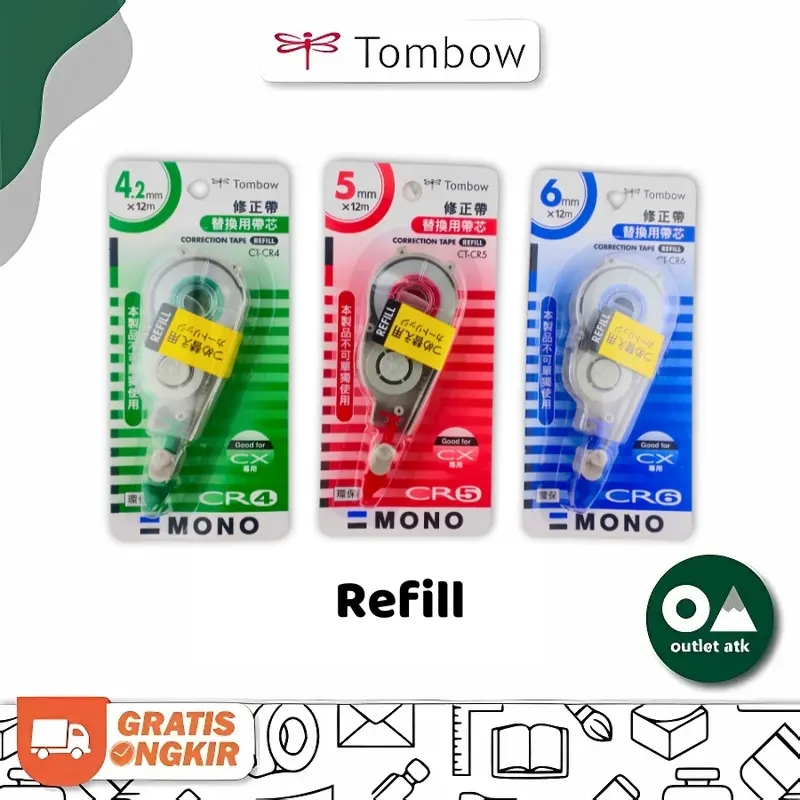 Tombow Correction Tape Refill Mono CR 4.2mm / 5mm / 6mm x 12m - Tipex Pita Kertas 0