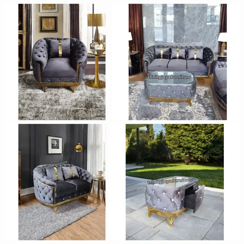 Sofa Tamu 321 Plus Meja Sofa Turki Bahan Bludru/trinityjayafurniture - Kayu Bungkus Kain Bludru Lembut Berkualitas - Bantal, Busa , Minimalis 5
