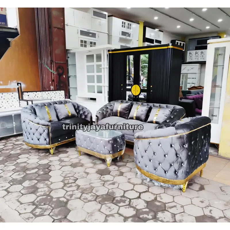 Sofa Tamu 321 Plus Meja Sofa Turki Bahan Bludru/trinityjayafurniture - Kayu Bungkus Kain Bludru Lembut Berkualitas - Bantal, Busa , Minimalis 4