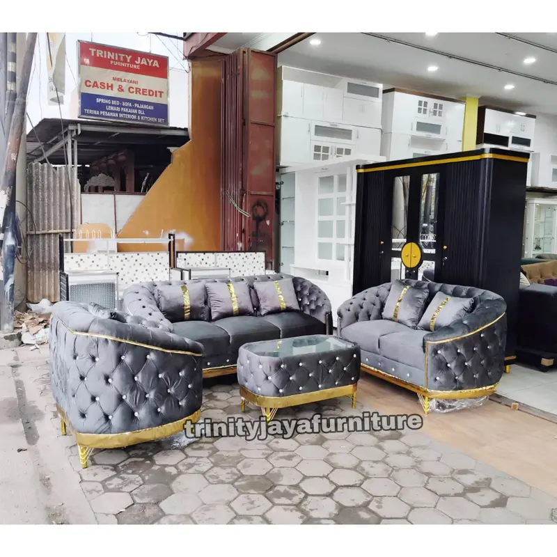 Sofa Tamu 321 Plus Meja Sofa Turki Bahan Bludru/trinityjayafurniture - Kayu Bungkus Kain Bludru Lembut Berkualitas - Bantal, Busa , Minimalis 2