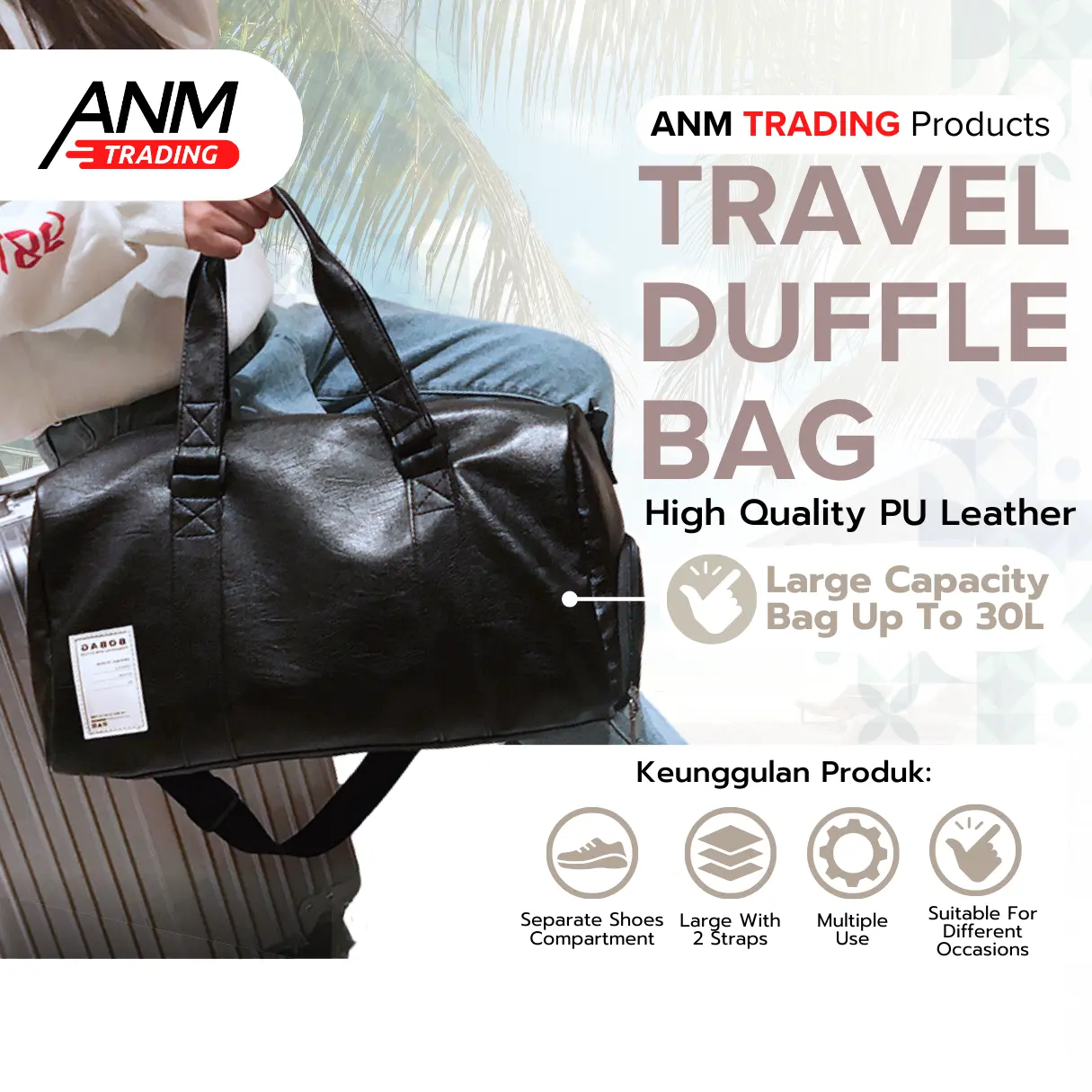 Tas Travel / GYM / Sport Bag Pria Wanita Unisex Kulit - Hitam