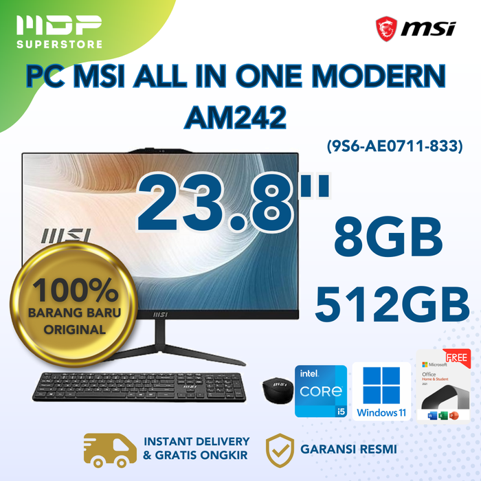 Gambar PC MSI ALL IN ONE MODERN AM242 :  INTEL CORE I5-1235U/ 8GB/ 512GB/ 23.8 INCH/WIN 11 HOME OHS- PC KOMPUTER dari mdpsuperstore Kota Palembang Tokopedia