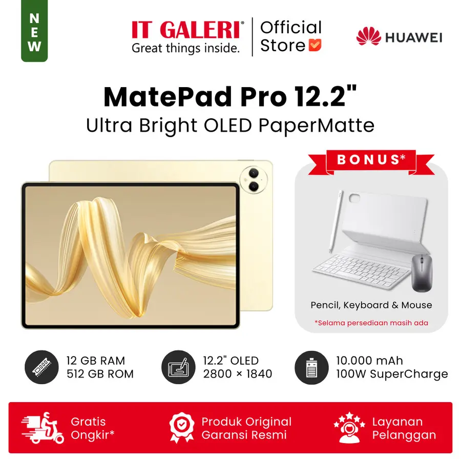 HUAWEI MatePad Pro 12.2-inch Tablet - PC Level WPS | Ultra Bright OLED PaperMatte | 2-in-1 Keyboard & Stylus | GoPaint - Gold