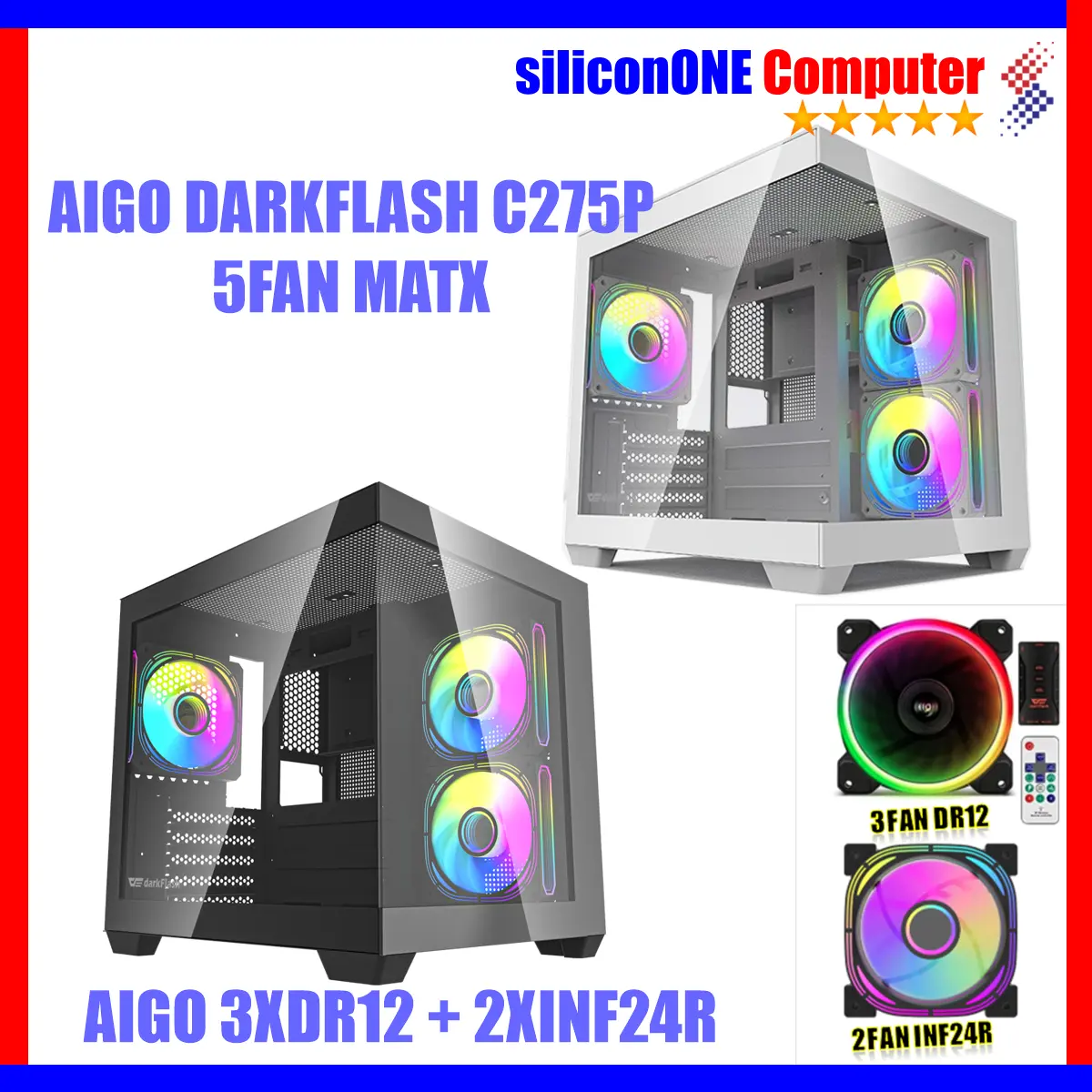 AIGO C275P - 5FAN HUB+REMOTE M-ATX PC Casing BLACK / WHITE DarkFlash
