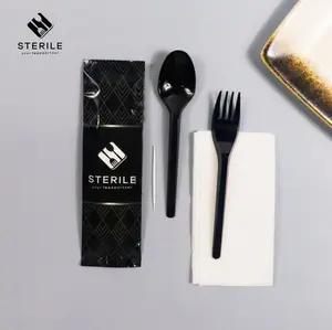 Isi 100 pcs Sendok Garpu Set Plastik sterile hygiene / Set Sendok Garpu Plastik Sterile Hitam Isi 100