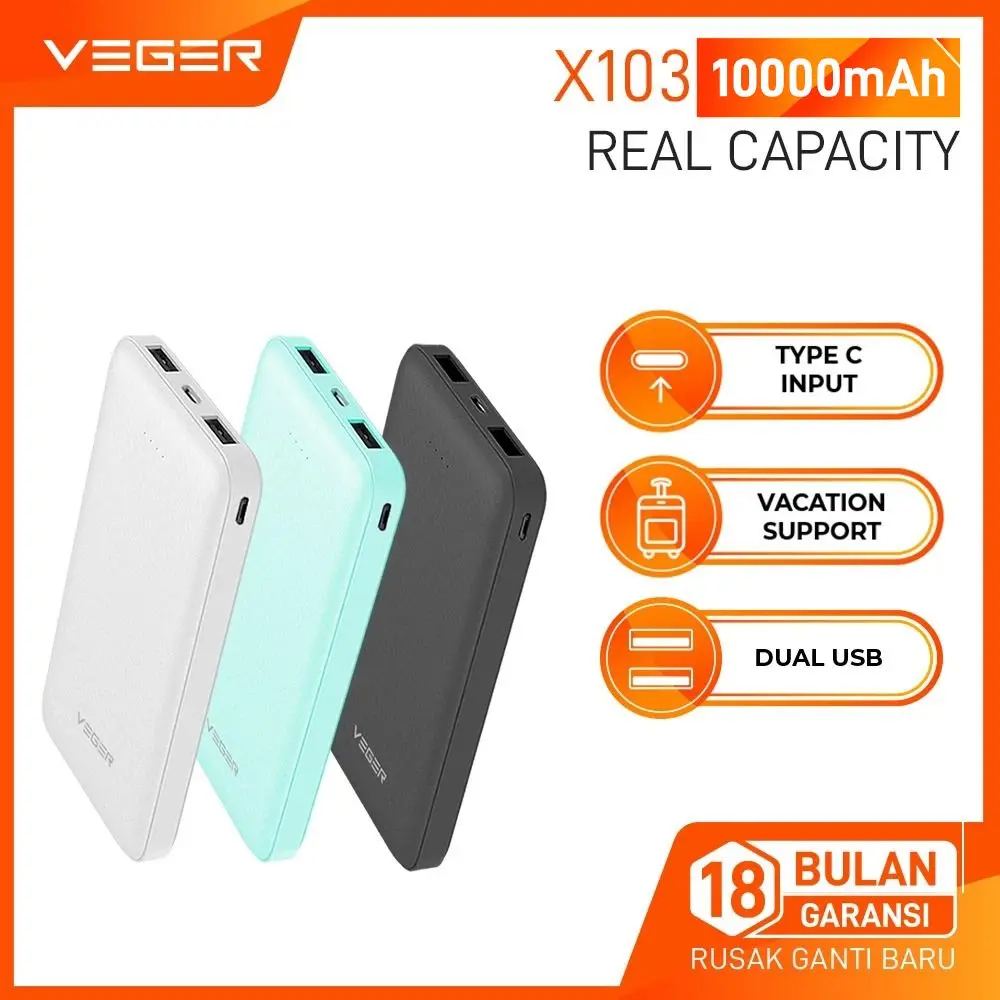 VEGER Powerbank X103 10000mAh 2.4A Slim 2 Ports USB Output Original