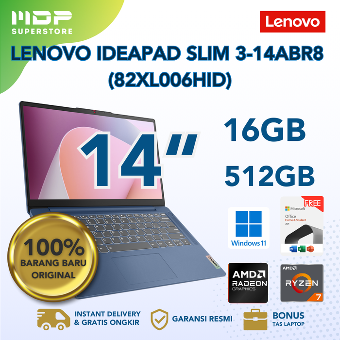 Gambar LAPTOP LENOVO IDEAPAD SLIM 3 -14ABR8 (82XL006HID) : AMD R7-7730U,16GB,512GB,14 INCH,WIN 11 HOME+OHS 2021 - LAPTOP ONLY dari mdpsuperstore Kota Palembang Tokopedia