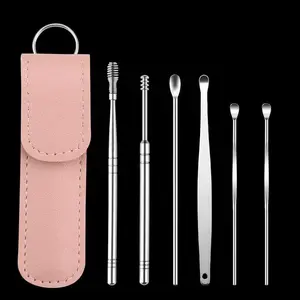 korek kuping 6in1 plus pouch stainless ear pick 6in1 set pembersih telinga isi 6 tas kulit