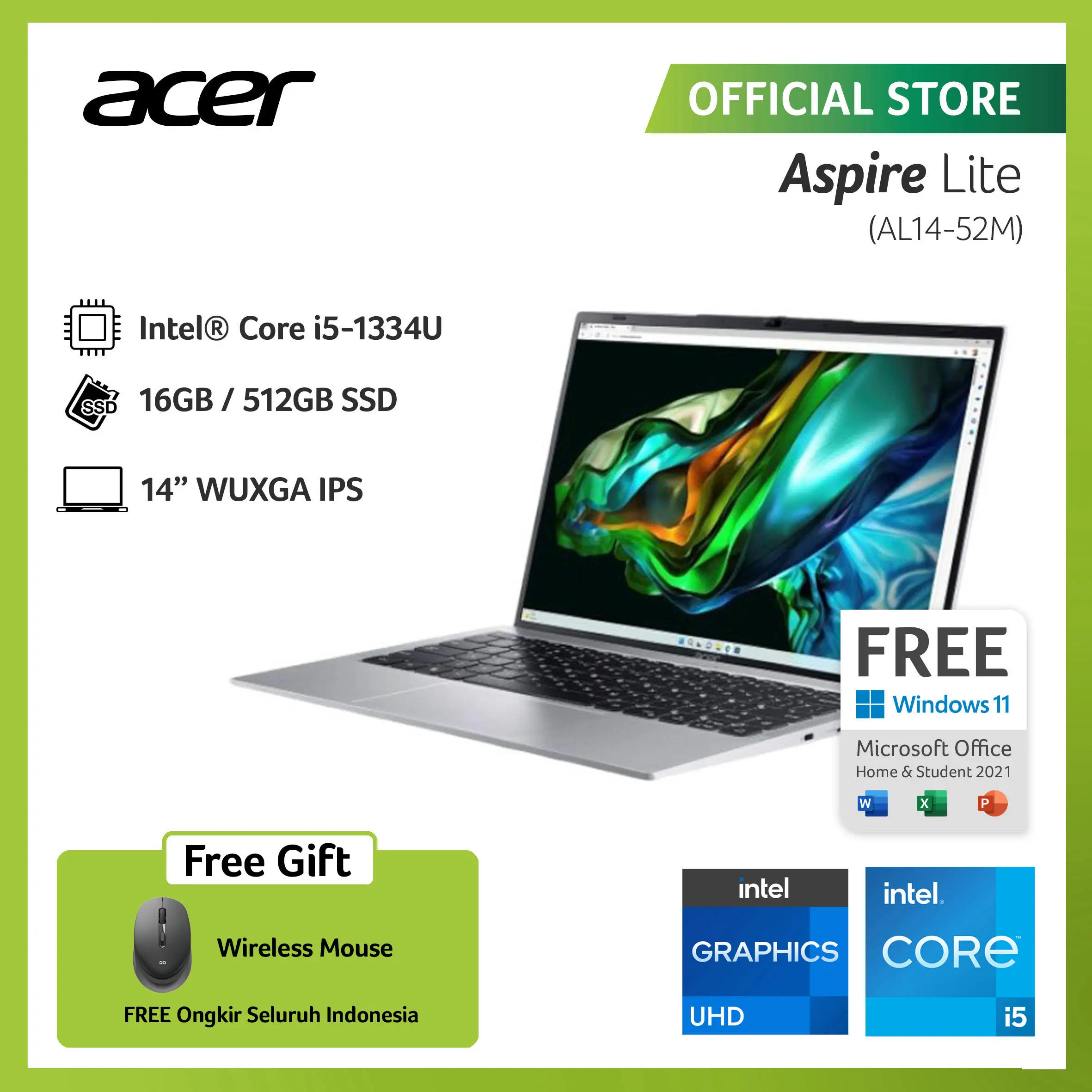 ACER ASPIRE LITE  AL14-52M-59TF INTEL CORE i5-1334U RAM 16GB STORAGE 512GB SSD INTEL UHD GRAPHICS 14" WUXGA IPS WINDOWS 11
