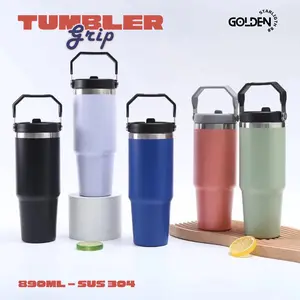 Tumbler Grip Vacuum Insulated Tumbler dengan sedotan & pegangan AIR PANAS DAN AIR DINGIN Stainless Steel SUS 304